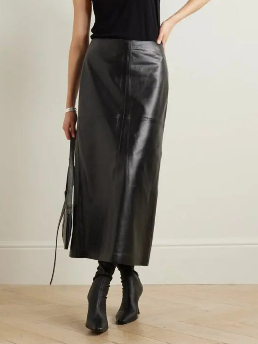 NEW NWOT! GOLDSIGN THE HIKSON PANELED LAMB LEATHER MIDI PENCIL SKIRT BLACK sz 12